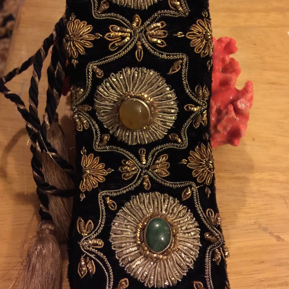 Embroidered Black and Gold Women's Belt with Gemstones